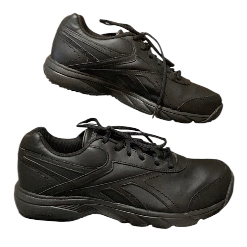 EXC! Reebok All Black Leather Oil Slip Resistant Work Shoes Sneakers Women’s 8 D